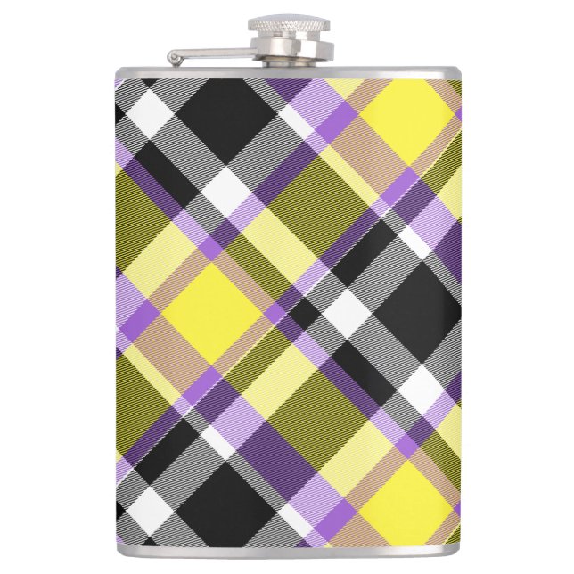 Quirky Eclectic Boho Nonbinary Plaid Pride Flag Hip Flask (Front)