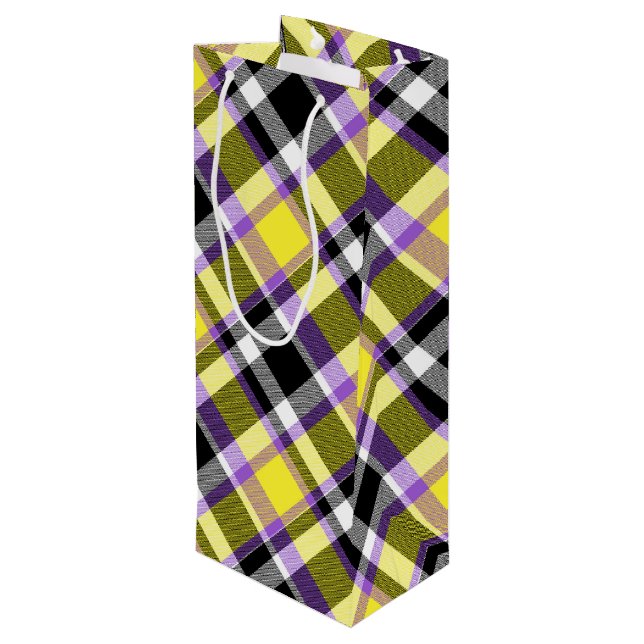 Quirky Eclectic Boho Nonbinary Plaid Pride Flag Wine Gift Bag (Back Angled)