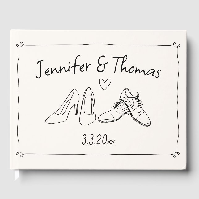 Quirky Eclectic Hand Drawn Shoes Doodle Wedding Guest Book (Front)