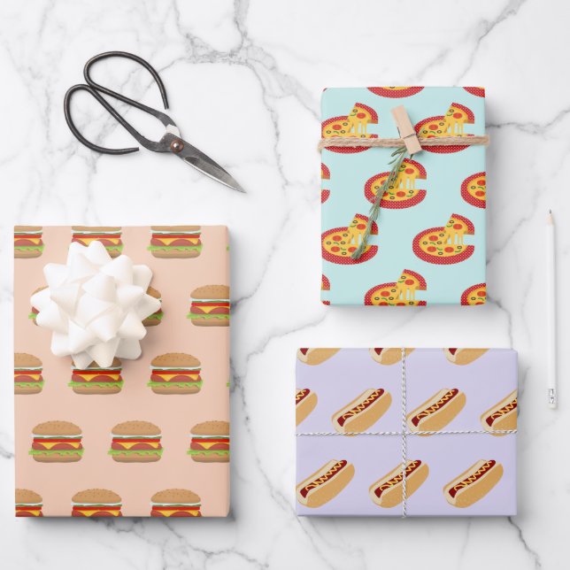 Quirky Fast Food Burger Pizza and Hot Dog Patterns Wrapping Paper Sheet (Front)