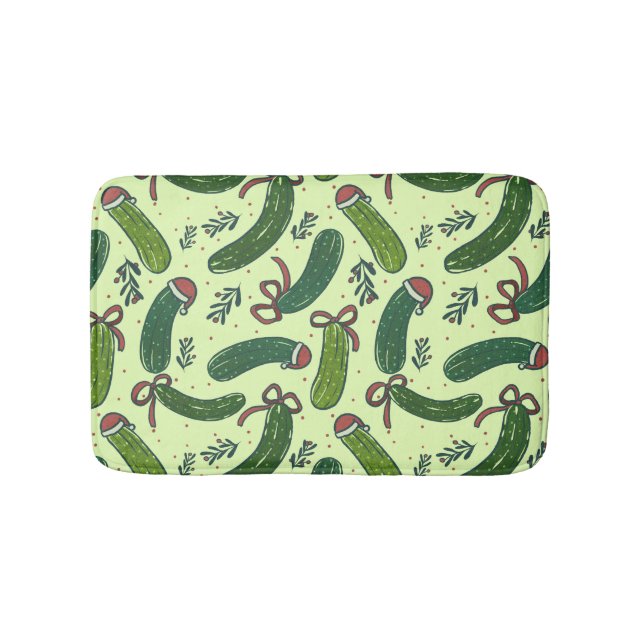 Quirky Festive Christmas Pickles Pattern Bath Mat (Front)
