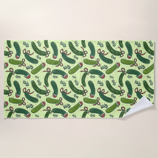 Quirky Festive Christmas Pickles Pattern Beach Towel (Front)