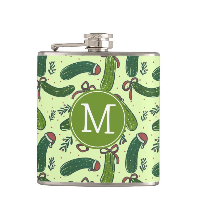 Quirky Festive Christmas Pickles Pattern Hip Flask (Front)