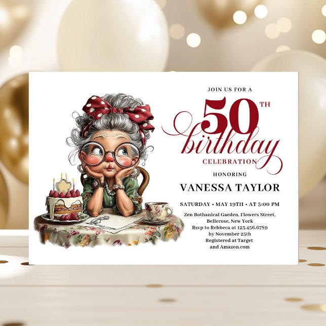 Quirky fifty celebration funny birthday lady invitation (Quirky fifty celebration invite funny birthday lady)