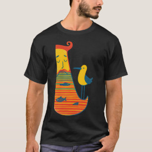 Quirky Fisherman Illustration with Bird and Fish T-Shirt