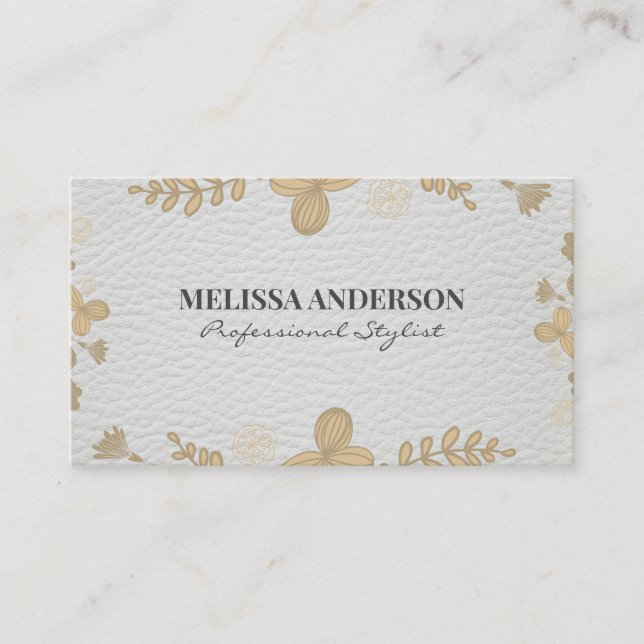 Quirky Floral Pattern White Leather Business Card (Front)