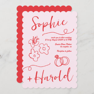 Quirky French Doodle Flowers Retro French Wedding Invitation