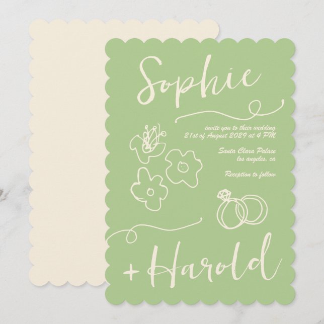 Quirky French Doodle Flowers Retro French Wedding Invitation (Front/Back)