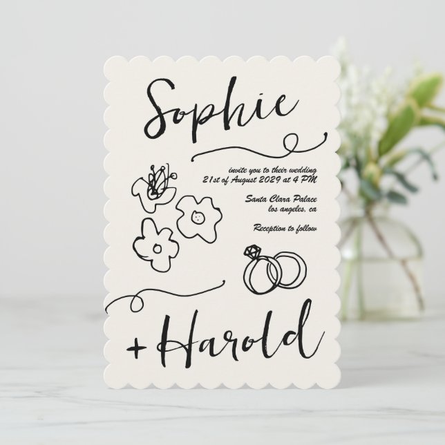 Quirky French Doodle Flowers Retro French Wedding Invitation (Standing Front)