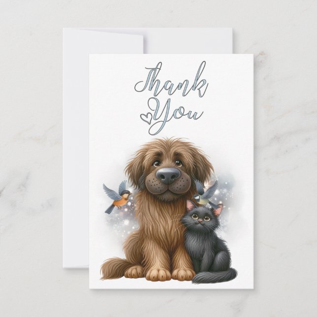 Quirky Friendship of Dog, Cat and Birds Thank You Card (Front)