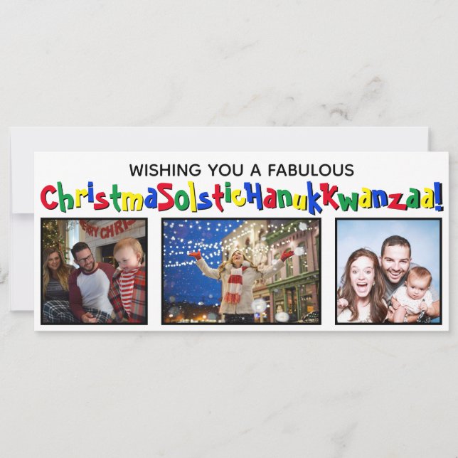 Quirky Fun All Inclusive 3 Photo Primary Colours Holiday Card (Front)