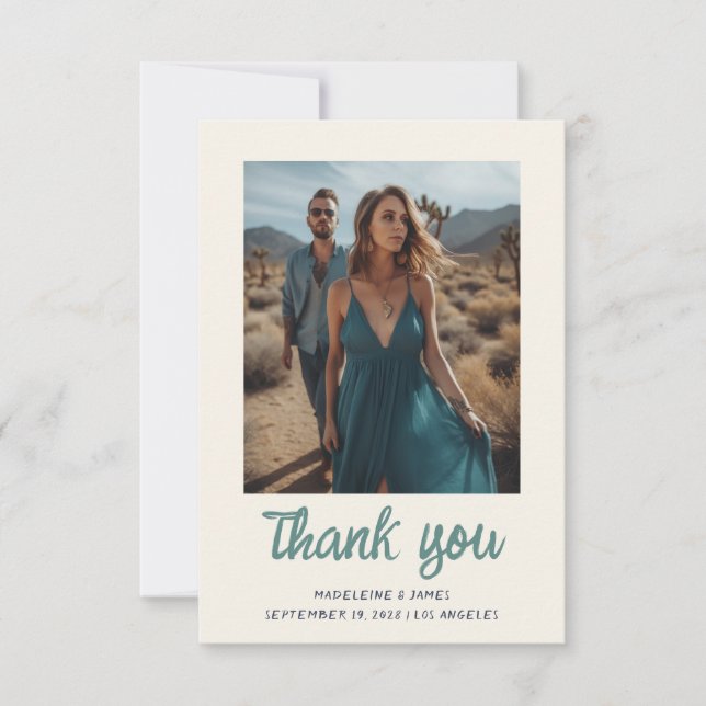 Quirky Fun Green Handwriting Script Wedding Photo Thank You Card (Front)