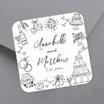 Quirky Fun Hand Drawn Whimsical Wedding Square Sticker<br><div class="desc">Personalised Hand-Drawn Quirky Wedding Stickers. These fun and playful square wedding stickers feature quirky doodle illustrations surrounding the design, including a champagne tower, wedding cake, disco ball, hearts, wedding bells, rings, cameras, and more. The bride and groom's names and wedding date are elegantly displayed beneath this whimsical artwork in a...</div>