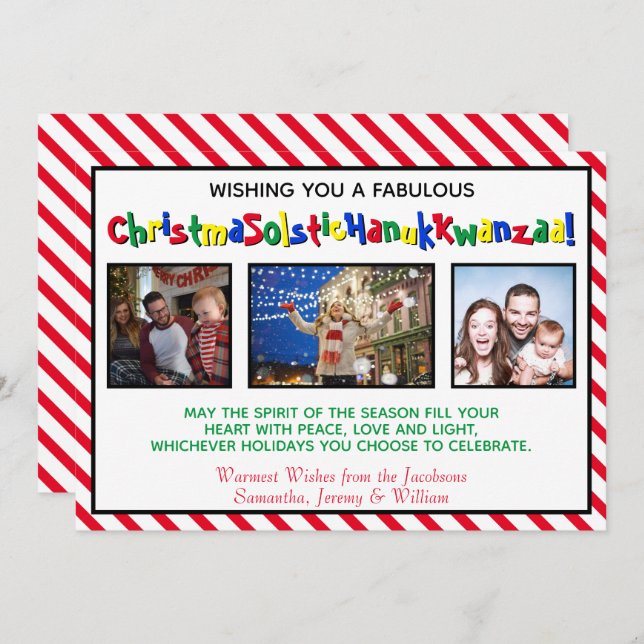 Quirky Fun Three Photo Inclusive Whimsical Holiday Card (Front/Back)