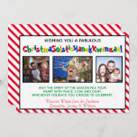 Quirky Fun Three Photo Inclusive Whimsical Holiday Card<br><div class="desc">This fun quirky holiday card features three photos and a humourous politically correct caption reading "Wishing you a Fabulous ChristmaSolsticHanukKwanzaa!" - blending the words Christmas, Solstice, Hanukkah and Kwanzaa into one long funny word. The background is red and whit candy stripes and there is a message reading "May the spirit...</div>