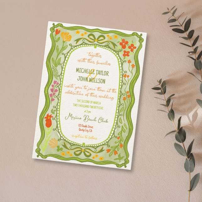 Quirky Fun Whimsical Floral Bow Doodle Hand Drawn  Invitation (hand drawn quirky floral frame in green color)