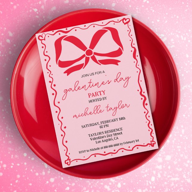 Quirky Galentines Day Party Pink and Red Bows Invitation (whimsical red bow on the pink background galentine's day invitation)