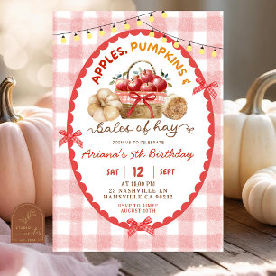 Quirky Gingham Apples Pumpkins and Bales of Hay Invitation