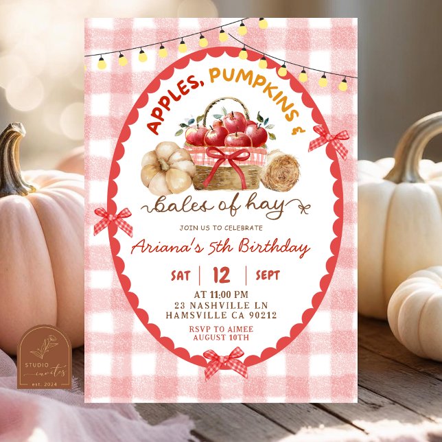 Quirky Gingham Apples Pumpkins and Bales of Hay Invitation (Creator Uploaded)