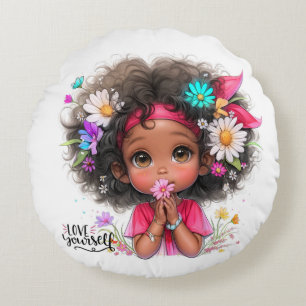 Quirky Girl Love Yourself Round Pillow