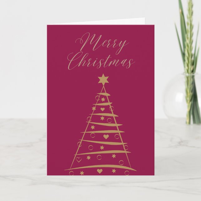 Quirky gold tree decorated with Baublles & Hearts Card (Front)