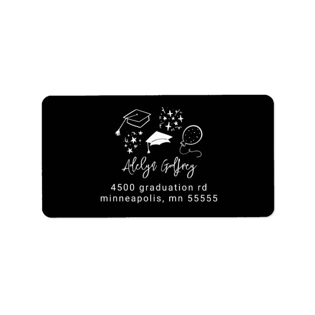 Quirky Graduation Icons Black Return Address Label (Front)
