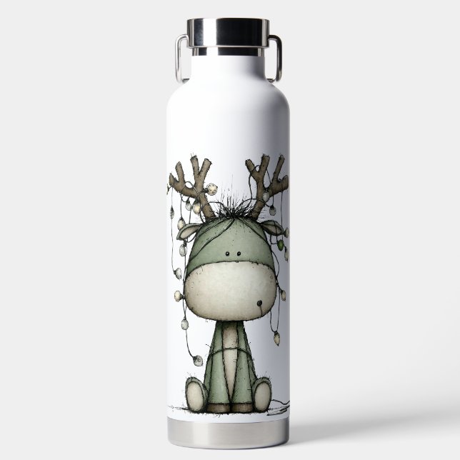 QUIRKY GREEN HOLIDAY CHRISTMAS REINDEER AND LIGHTS WATER BOTTLE (Front)