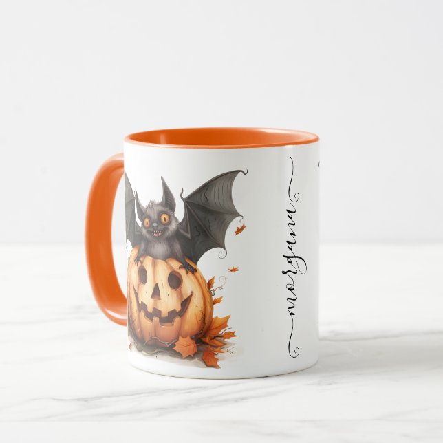 Quirky Halloween Black Bat & Pumpkin Coffee Mug (Front Left)