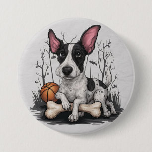Quirky Halloween Pup: Spotted Dog with Basketball 7.5 Cm Round Badge