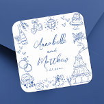 Quirky Hand Drawn Blue Whimsical Wedding Square Sticker<br><div class="desc">Personalised Hand-Drawn Quirky Blue Wedding Stickers. These fun and playful square wedding stickers feature quirky doodle illustrations surrounding the design, all in a vibrant blue theme. Elements like a champagne tower, wedding cake, disco ball, hearts, wedding bells, rings, cameras, and more create a whimsical and celebratory vibe. The bride and...</div>
