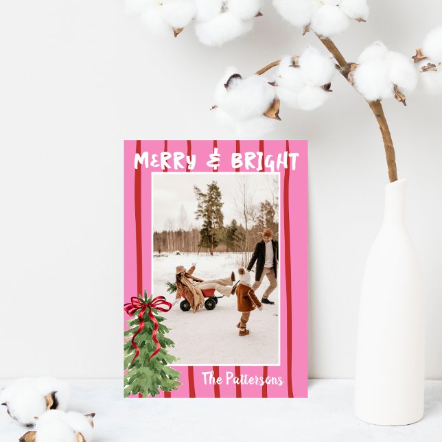Quirky Hand Drawn Bold Retro Pink Photo Christmas Holiday Card (Creator Uploaded)
