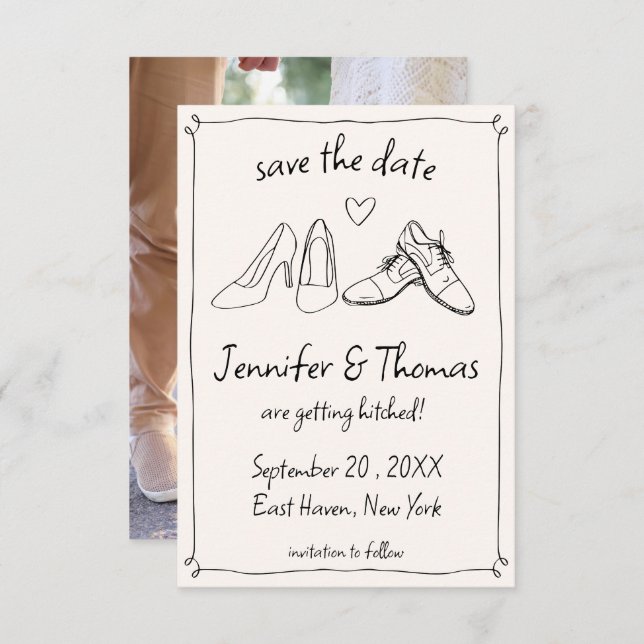 Quirky Hand Drawn Doodle Shoes Photo Wedding Save The Date (Front/Back)