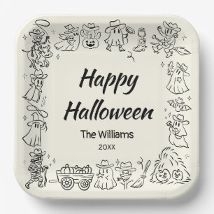 Quirky Hand Drawn Doodles Happy Halloween Paper Plate