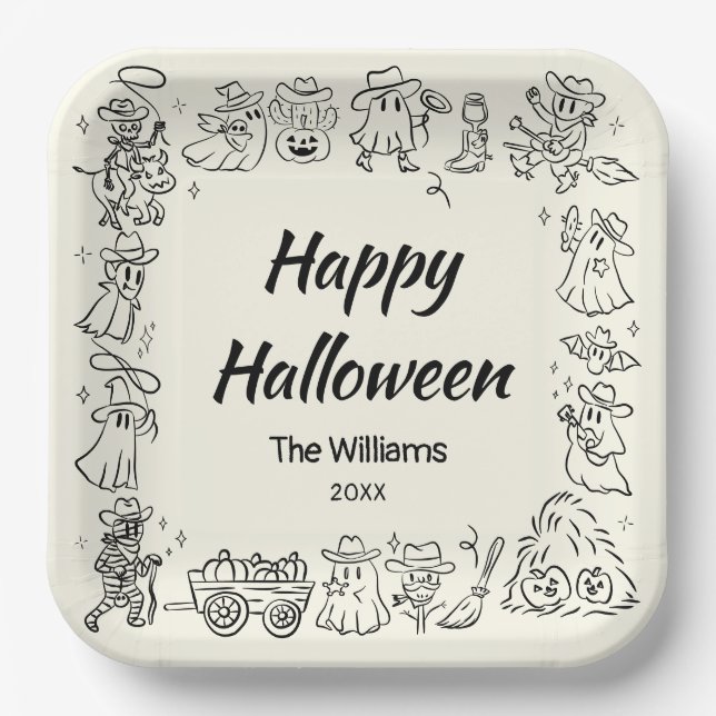 Quirky Hand Drawn Doodles Happy Halloween Paper Plate (Front)