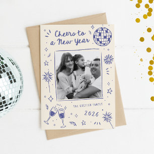 Quirky Hand-Drawn Doodles New Year Photo Blue Holiday Card