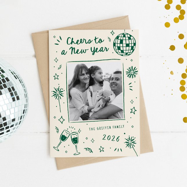 Quirky Hand-Drawn Doodles New Year Photo Green Holiday Card (quirky hand-drawn New Year's card doodles)