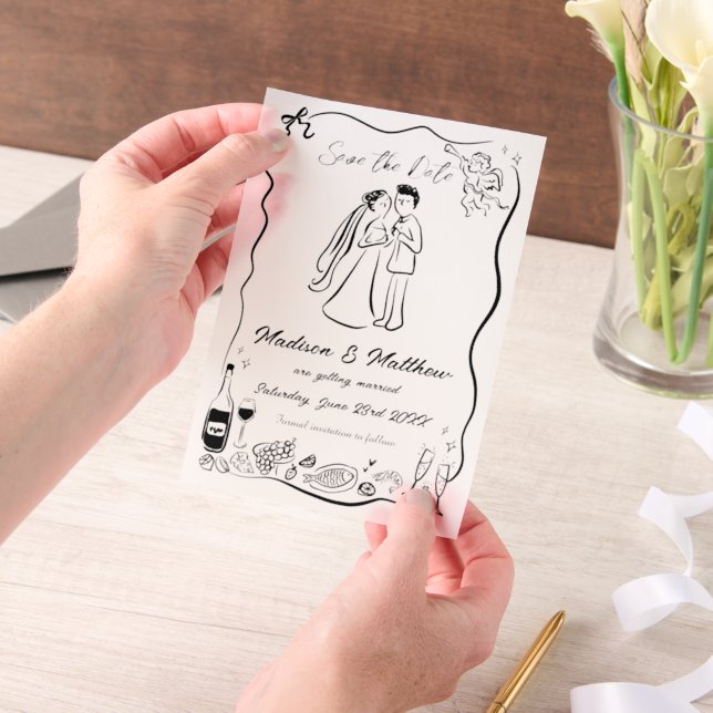 Quirky Hand Drawn Doodles Wedding Save the Date Vellum Invitations (Handheld)