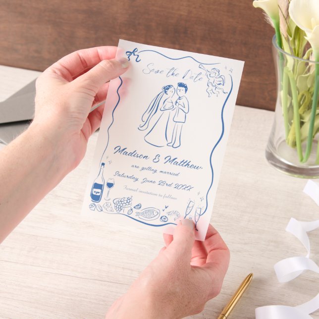 Quirky Hand Drawn Doodles Wedding Save the Date Vellum Invitations (Handheld)