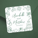 Quirky Hand Drawn Emerald Green Whimsical Wedding Square Sticker<br><div class="desc">Personalised Hand-Drawn Quirky Wedding Stickers. These fun and playful square wedding stickers feature quirky doodle illustrations surrounding the design, all in a vibrant emerald green theme. Elements like a champagne tower, wedding cake, disco ball, hearts, wedding bells, rings, cameras, and more create a whimsical and celebratory vibe. The bride and...</div>