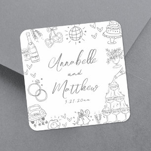 Quirky Hand Drawn Gray Whimsical Wedding Square Sticker