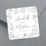 Quirky Hand Drawn Grey Whimsical Wedding Square Sticker<br><div class="desc">Personalised Hand-Drawn Quirky Wedding Stickers. These fun and playful square wedding stickers feature quirky doodle illustrations surrounding the design, all in a soft grey theme. Elements like a champagne tower, wedding cake, disco ball, hearts, wedding bells, rings, cameras, and more create a whimsical and celebratory vibe. The bride and groom's...</div>