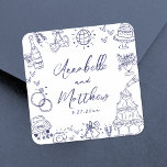 Quirky Hand Drawn Navy Blue Whimsical Wedding Square Sticker<br><div class="desc">Personalised Hand-Drawn Quirky Wedding Stickers. These fun and playful square wedding stickers feature quirky doodle illustrations surrounding the design, all in a rich navy blue theme. Elements like a champagne tower, wedding cake, disco ball, hearts, wedding bells, rings, cameras, and more create a whimsical and celebratory vibe. The bride and...</div>