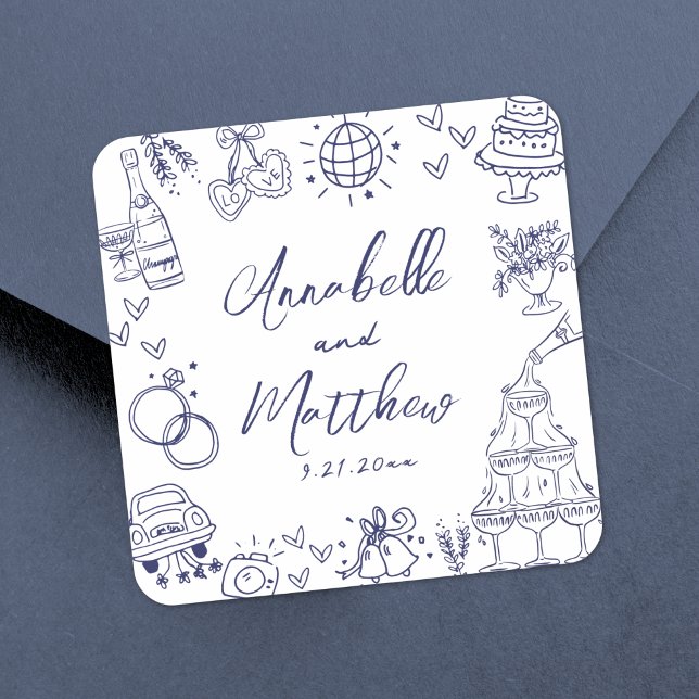 Quirky Hand Drawn Navy Blue Whimsical Wedding Square Sticker (Quirky Hand Drawn Navy Blue Whimsical Wedding Square Sticker)