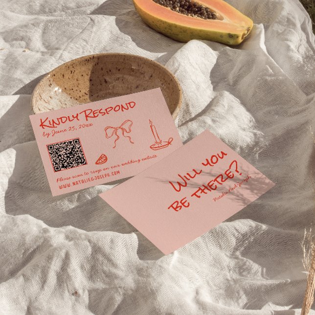 Quirky Hand Drawn Pink Red Unique QR Code Wedding RSVP Card (Creator Uploaded)