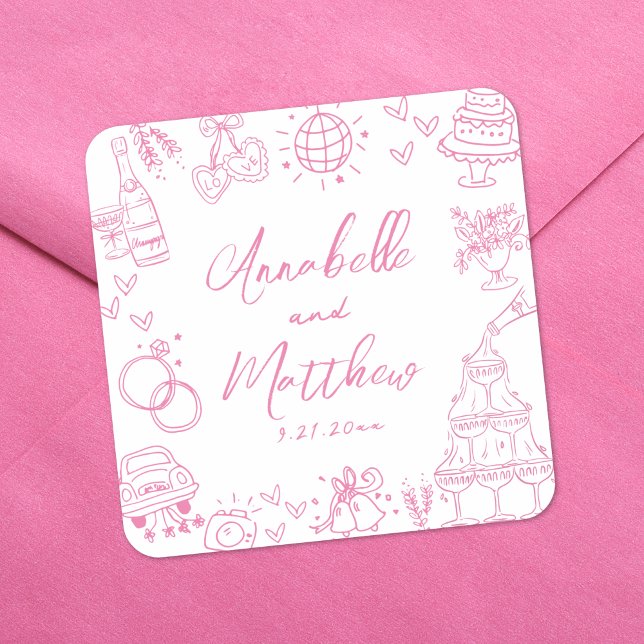 Quirky Hand Drawn Pink Whimsical Wedding Square Sticker (Quirky Hand Drawn Pink Whimsical Wedding Square Sticker )