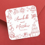 Quirky Hand Drawn Red Whimsical Wedding Square Sticker<br><div class="desc">Personalised Hand-Drawn Quirky Red Wedding Stickers. These fun and playful square wedding stickers feature quirky doodle illustrations surrounding the design, all in a vibrant red theme. Elements like a champagne tower, wedding cake, disco ball, hearts, wedding bells, rings, cameras, and more create a whimsical and celebratory vibe. The bride and...</div>