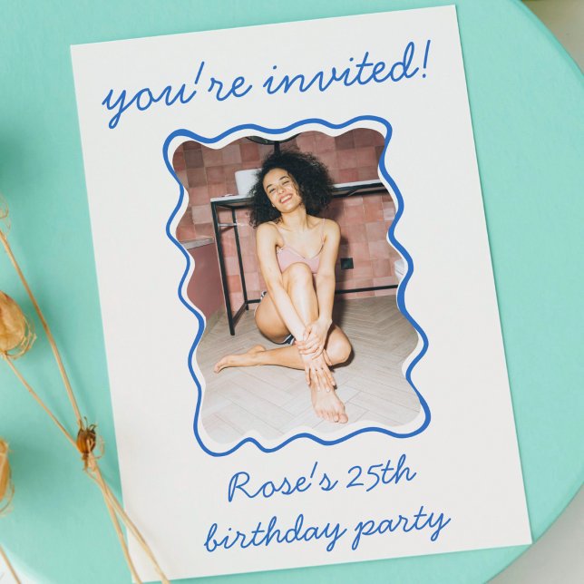 Quirky Hand Drawn Wavy Border Photo Birthday Party Invitation (quirky funk hand drawn wavy border frame photo birthday party invitation blue modern cute bday card)
