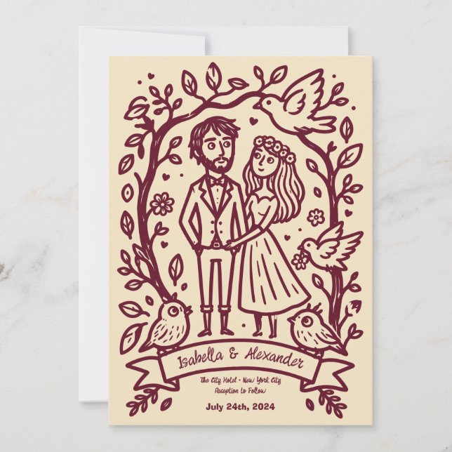 Quirky Hand Illustrated Wedding Invitation (Front)