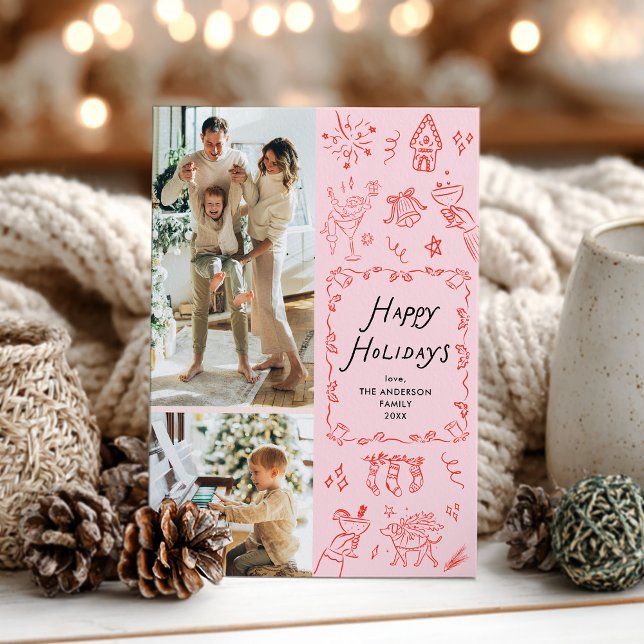 Quirky Happy Holidays Hand Drawn Red Pink 2 Photo Holiday Card (Creator Uploaded)