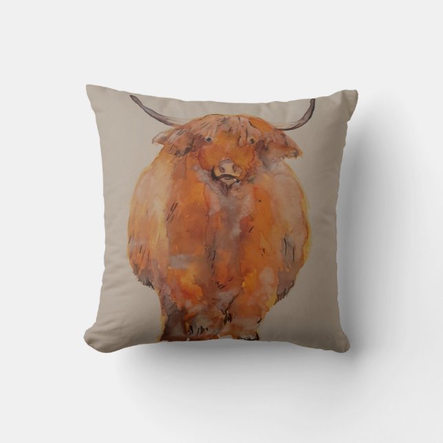 Quirky Highland Cow Painting By MirandaPA Cushion (Front)